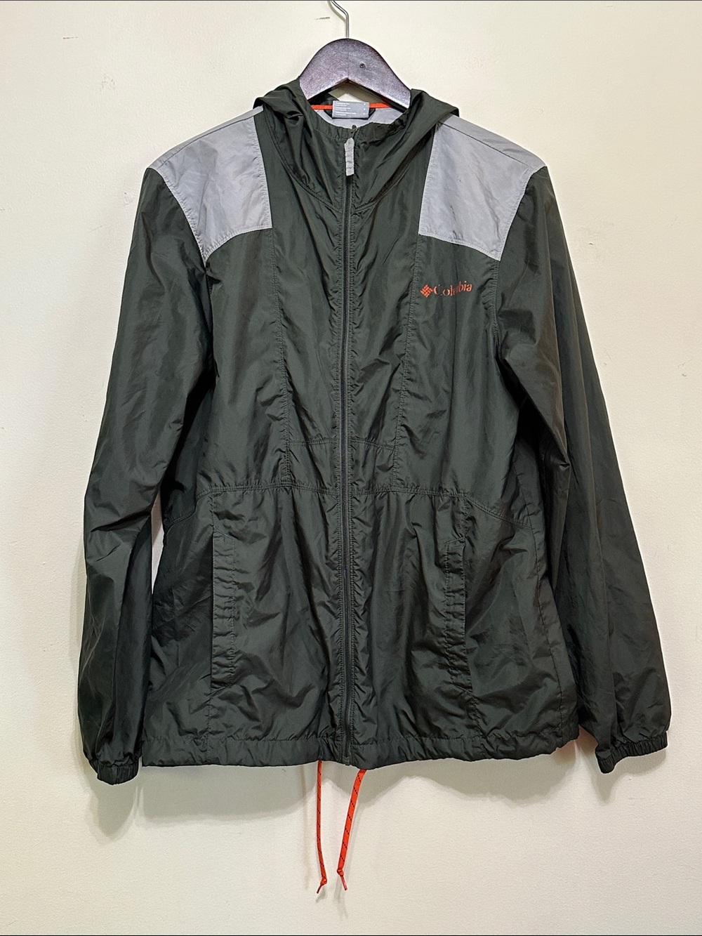 Columbia Dark Green Hooded Windbreaker with Light Gray Shoulders and Orange Logo